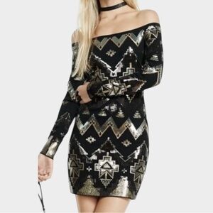 Off the Shoulder Black and Gold Aztec Sequin Dress